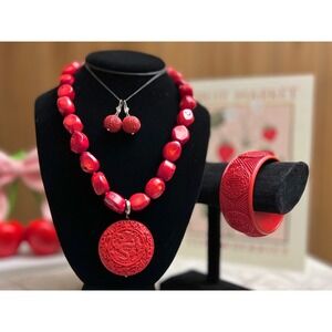 Vintage 1990s Lucas Lameth 925 LUC Red Coral and Cinnabar Dragon Jewelry Set
